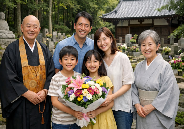 樹木葬のお参りに来た笑顔の家族