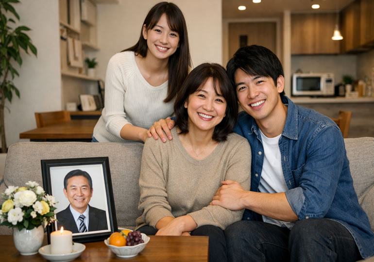 リビングのソファーに座って父親の遺影を見て微笑む家族