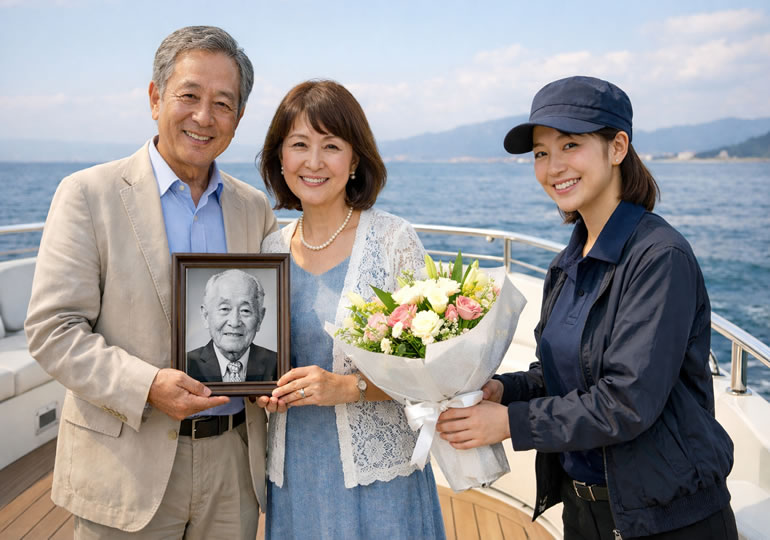 散骨する夫婦に花束を渡す散骨業者の女性スタッフ