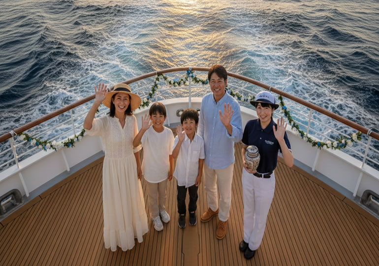 散骨した海に手を振っている親族