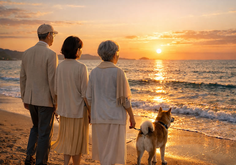 散歩しながら海を見つめる家族の後ろ姿