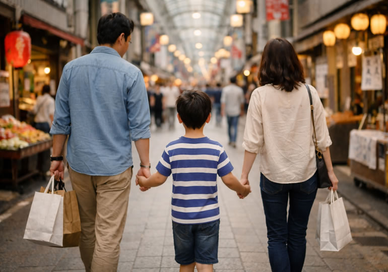 商店街で買い物をしている3人家族の後ろ姿