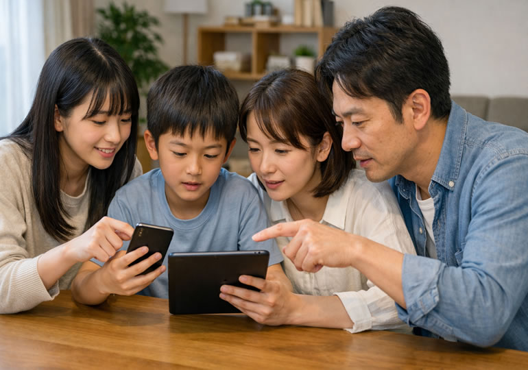 スマホで葬儀社の比較をしている家族