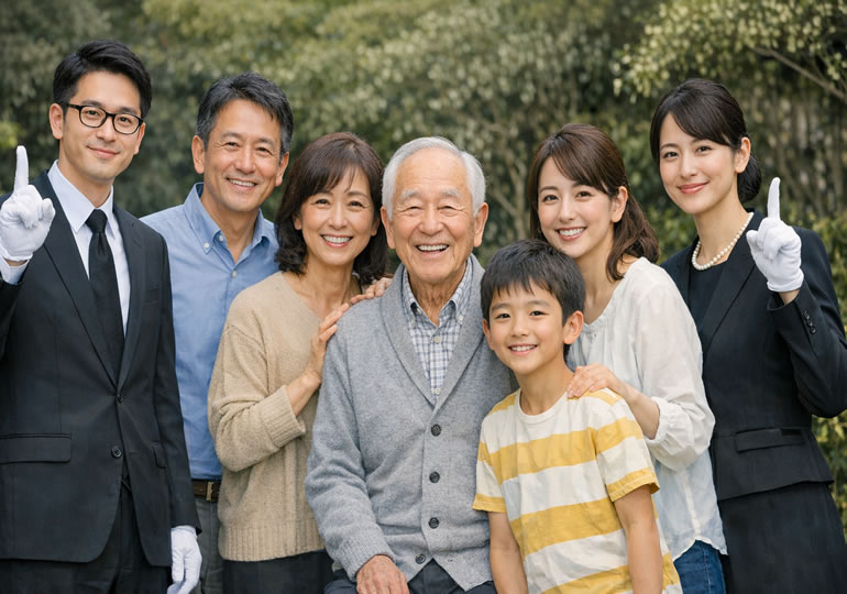 葬儀社と笑顔で雑談している家族