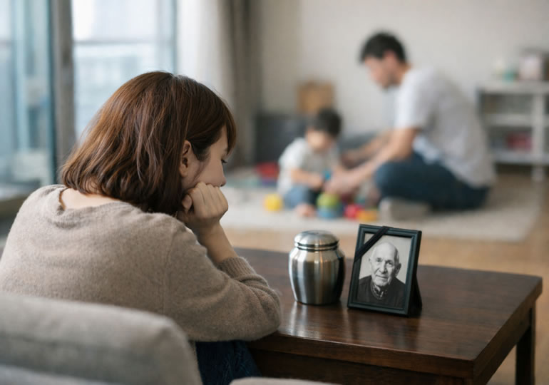 遺影を見つめている若い女性