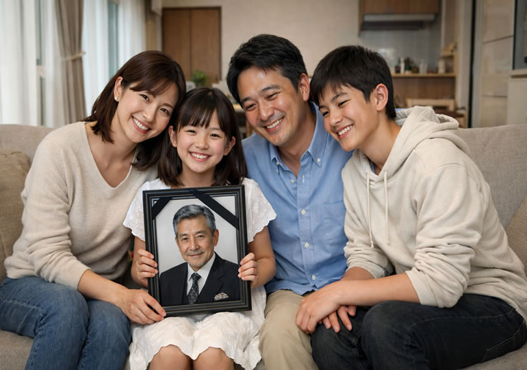 遺影を持って笑顔でソファーに座っている家族