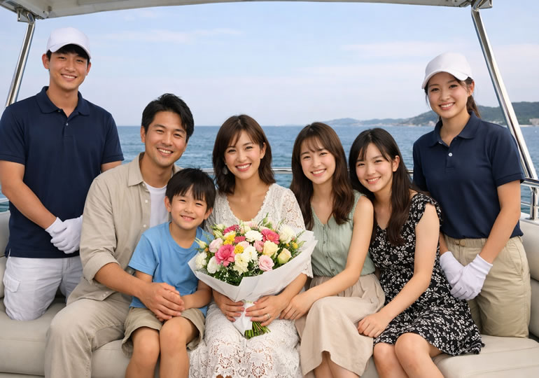 笑顔で散骨クルーズに出かける家族