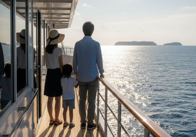 クルーザーから海を見つめる親族