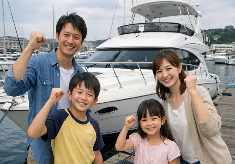 クルーザーの前でガッツポーズしている家族