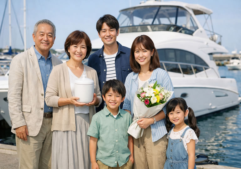 海洋散骨の準備をしている家族