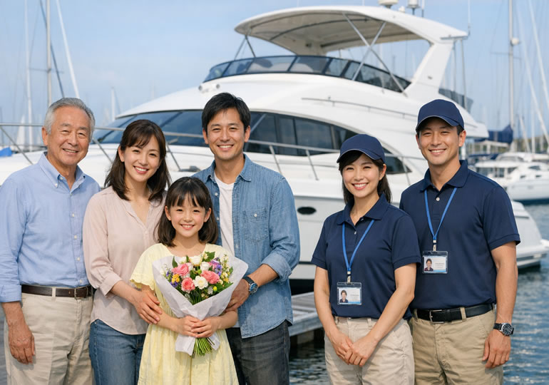 海洋散骨業者と記念撮影している親族