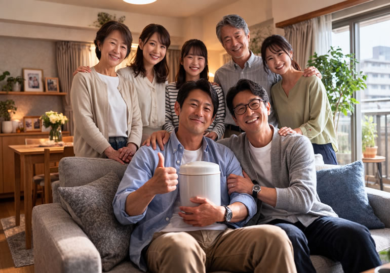 骨壺を持って笑顔で座っている仲の良い家族