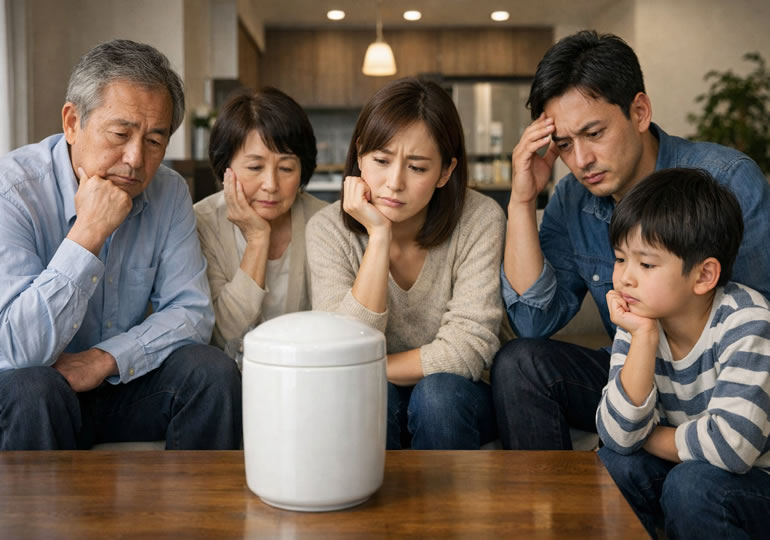 骨壺を眺めて悩んでいる親族