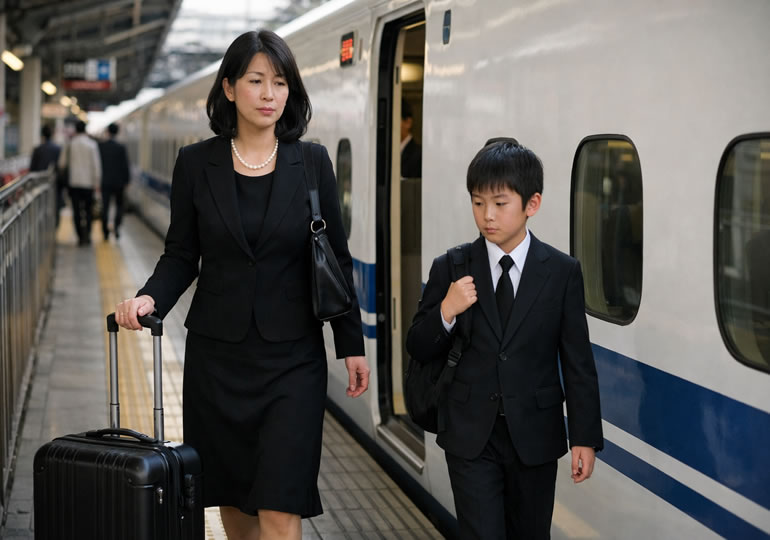 喪服姿で新幹線から降りてきた親子