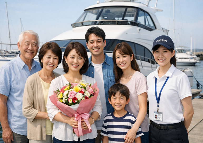 花束を持った笑顔の家族と散骨業者のスタッフ