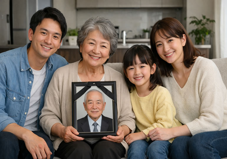 遺影を持って微笑んでいる親族