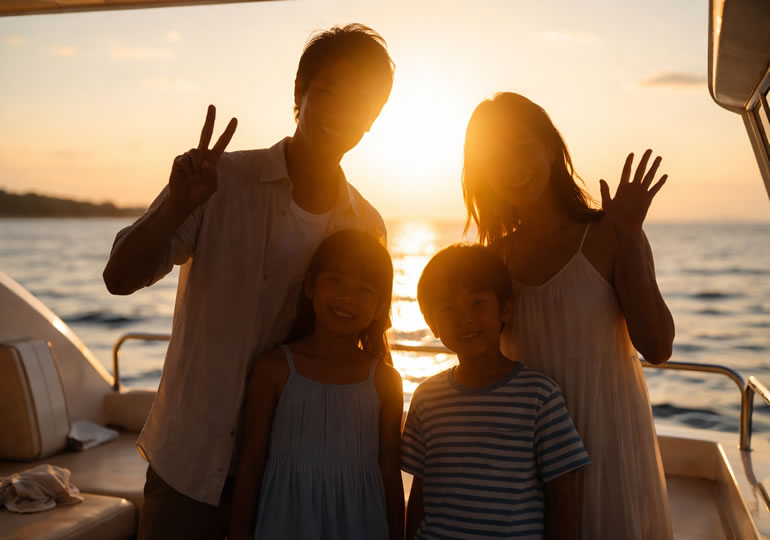 夕日をバックに記念撮影する家族