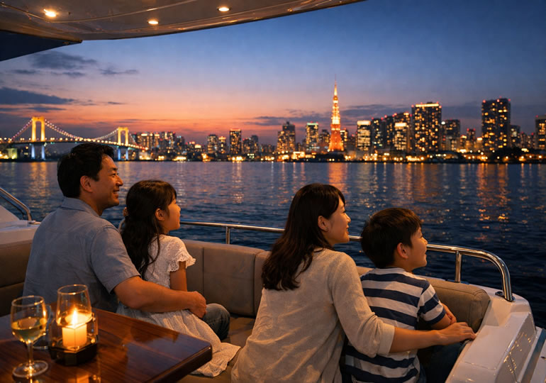 幻想的な夜景を見ながらクルージングしている家族
