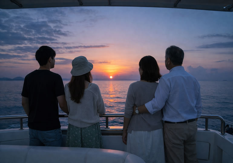 朝日を見ながら海洋散骨している家族