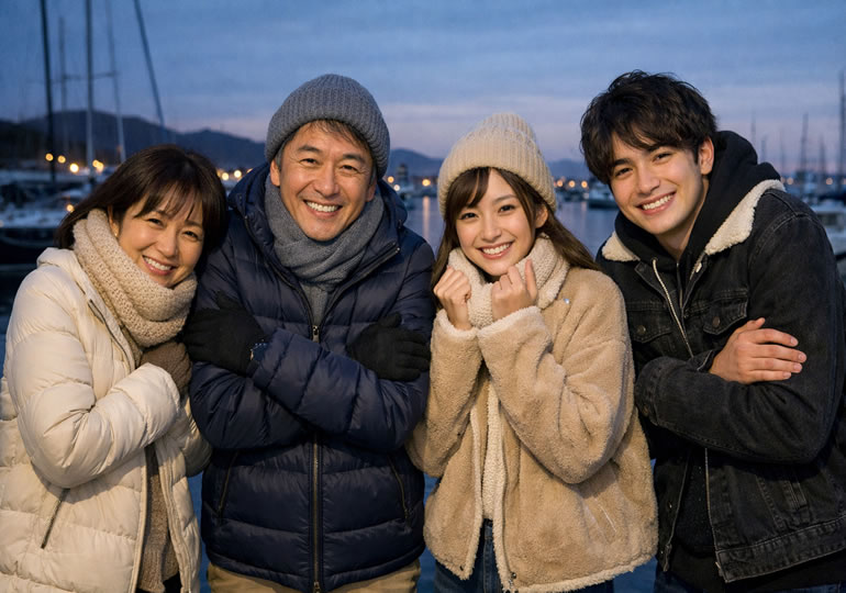 早朝のマリーナに集合した家族