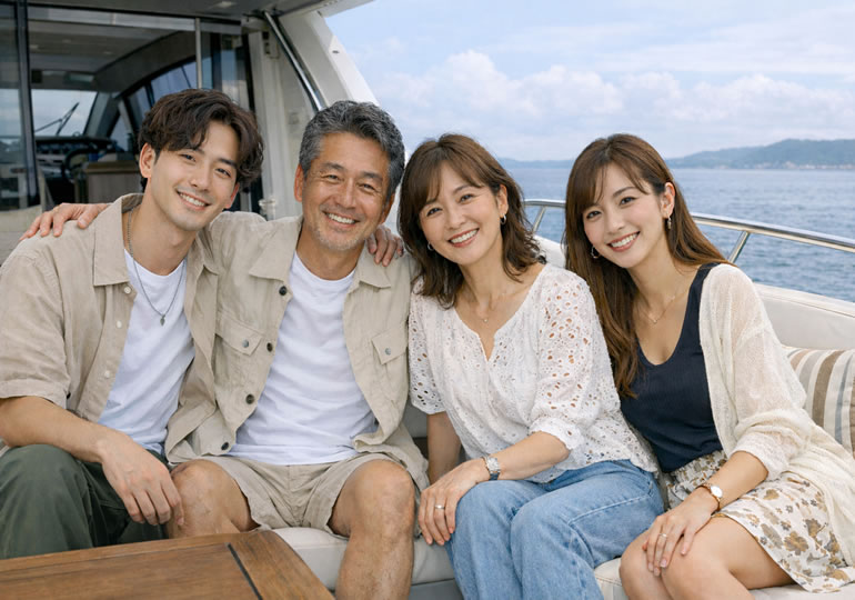 動きやすい服装でクルーザーに乗り込む家族