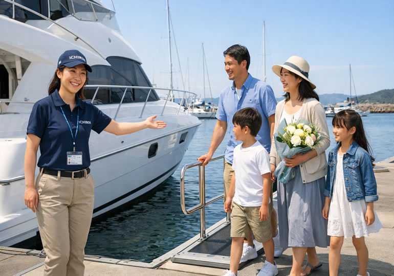 家族を船に案内している散骨業者のスタッフ