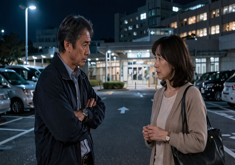 病院の外で話し合っている家族