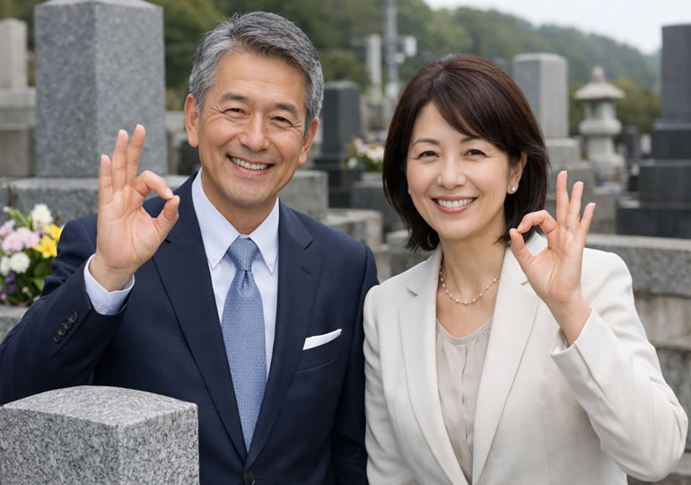名義変更が終わったお墓の前に立っている夫婦