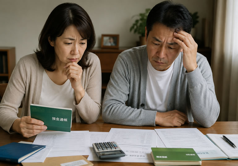 成年後見制度の書類や通帳を前に悩む家族