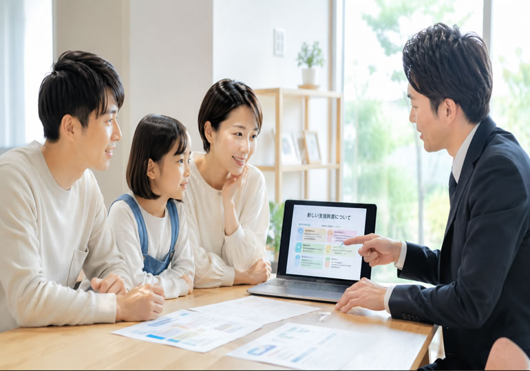 成年後見制度の改正について説明を受ける家族