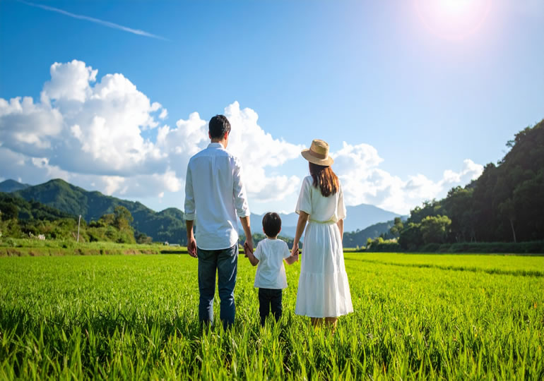 草原を散歩する3人の親子