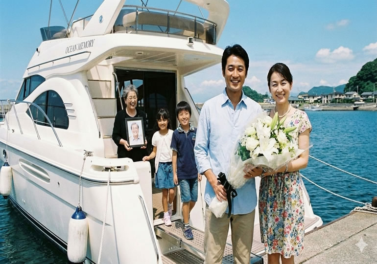 花束と遺影をもってクルーザーに乗り込む家族