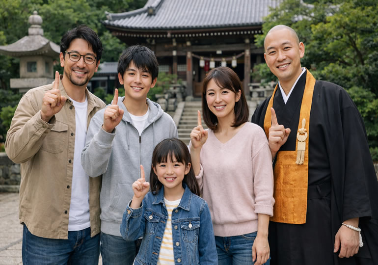 後悔しない供養を話し合う笑顔の家族と住職