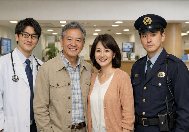 病院のロビーに立っている中年夫婦と警察と病院関係者