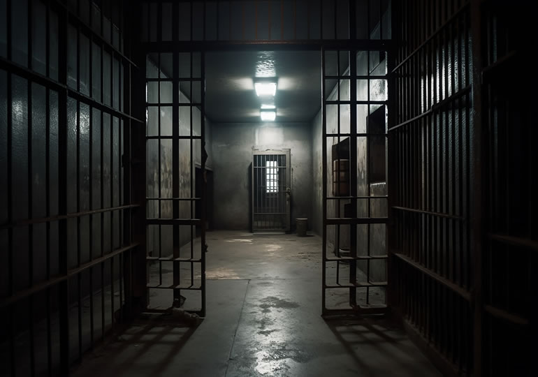 刑務所の牢屋の前の廊下