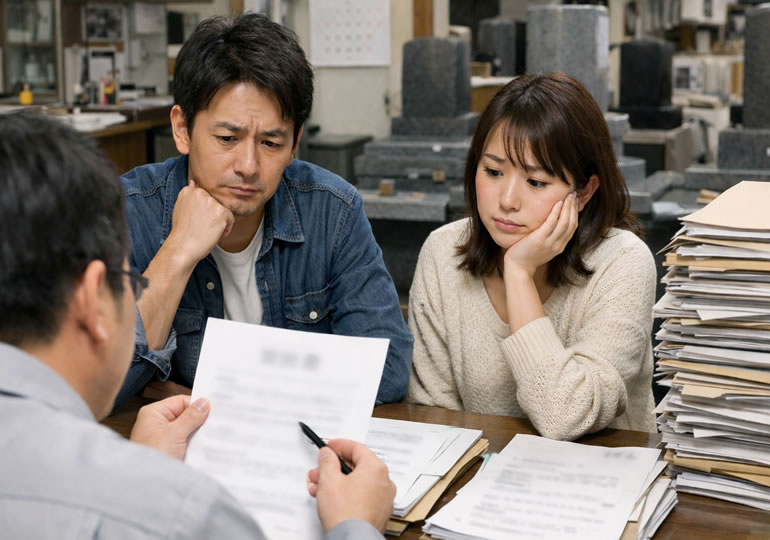 樹木葬の契約書類の多さに呆れている若い夫婦