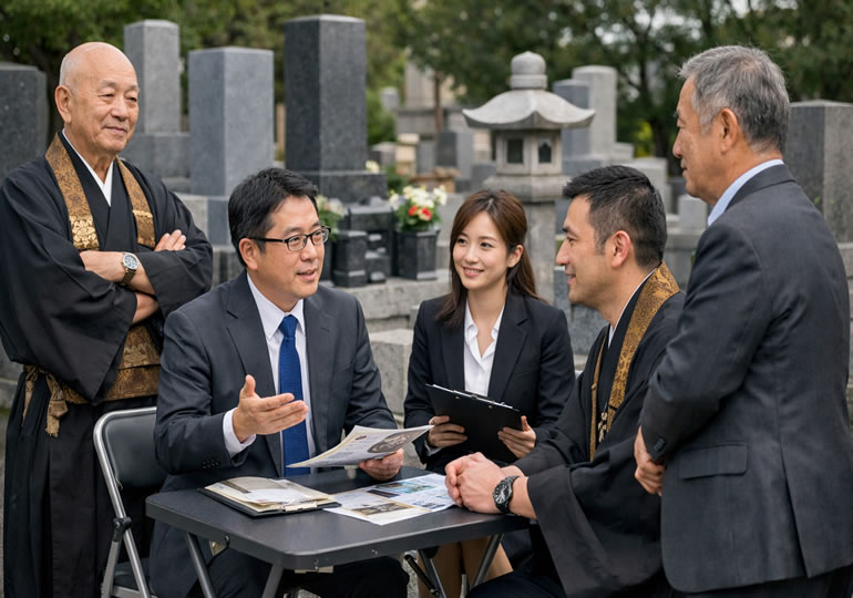 樹木葬の説明を聞く若い住職