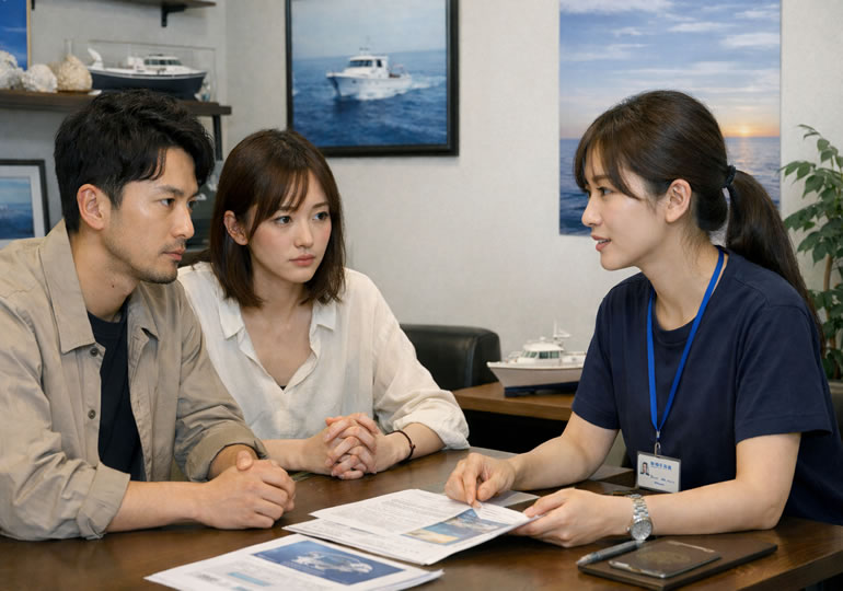 散骨業者の事務所で説明を聞いている若い夫婦