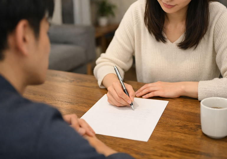 散骨の意思を紙に書いている女性