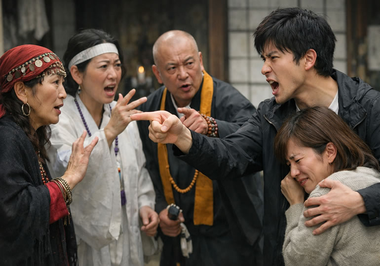 母親をかばい霊能者達と口論する若い男性