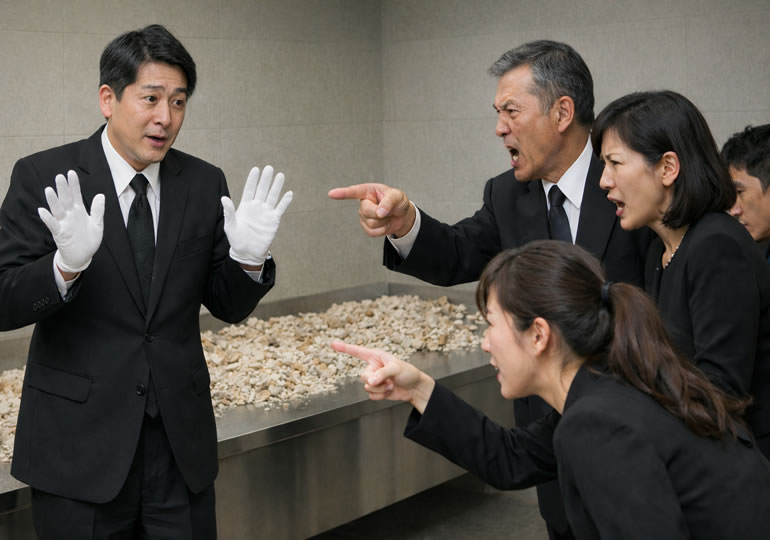 喉仏についてトラブルになっている火葬場職員と親族