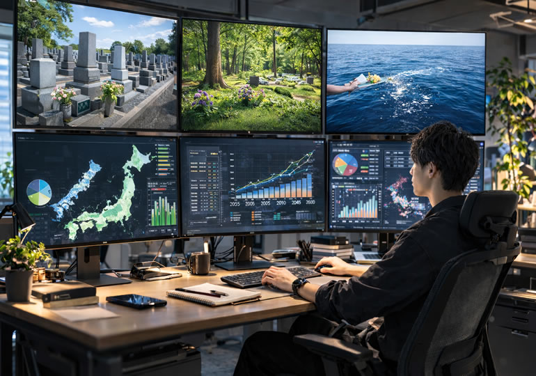 供養市場をAIで調べている男性