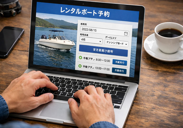 ネットでレンタルボートを予約している手元