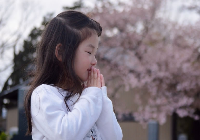 お墓の前で合掌する女の子