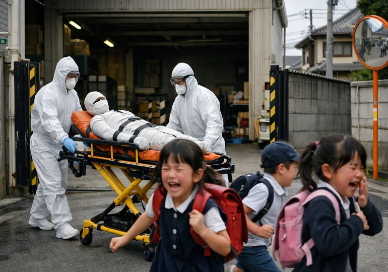 エンバーミング施設を覗いて逃げる子供達