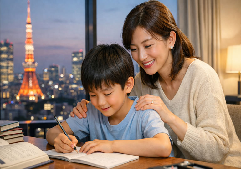 子供に勉強を教えている母親