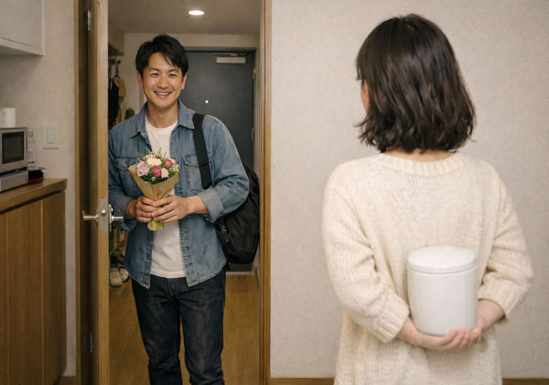 花束を持って恋人の家に来た男性