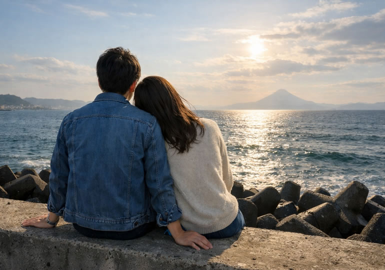 防波堤に座って海を眺めるカップル