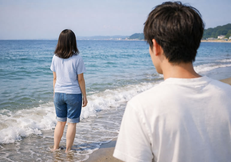 水子様を散骨した海を見に来たカップル