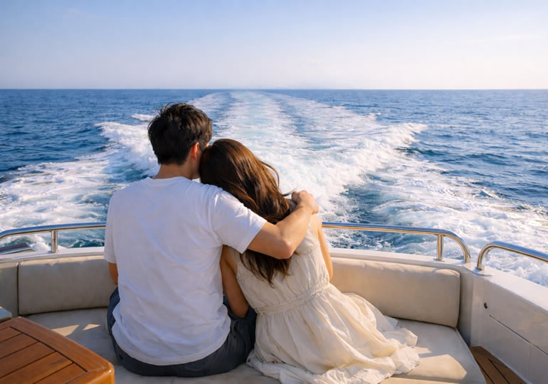 散骨した海をクルーザーから見つめている若い夫婦